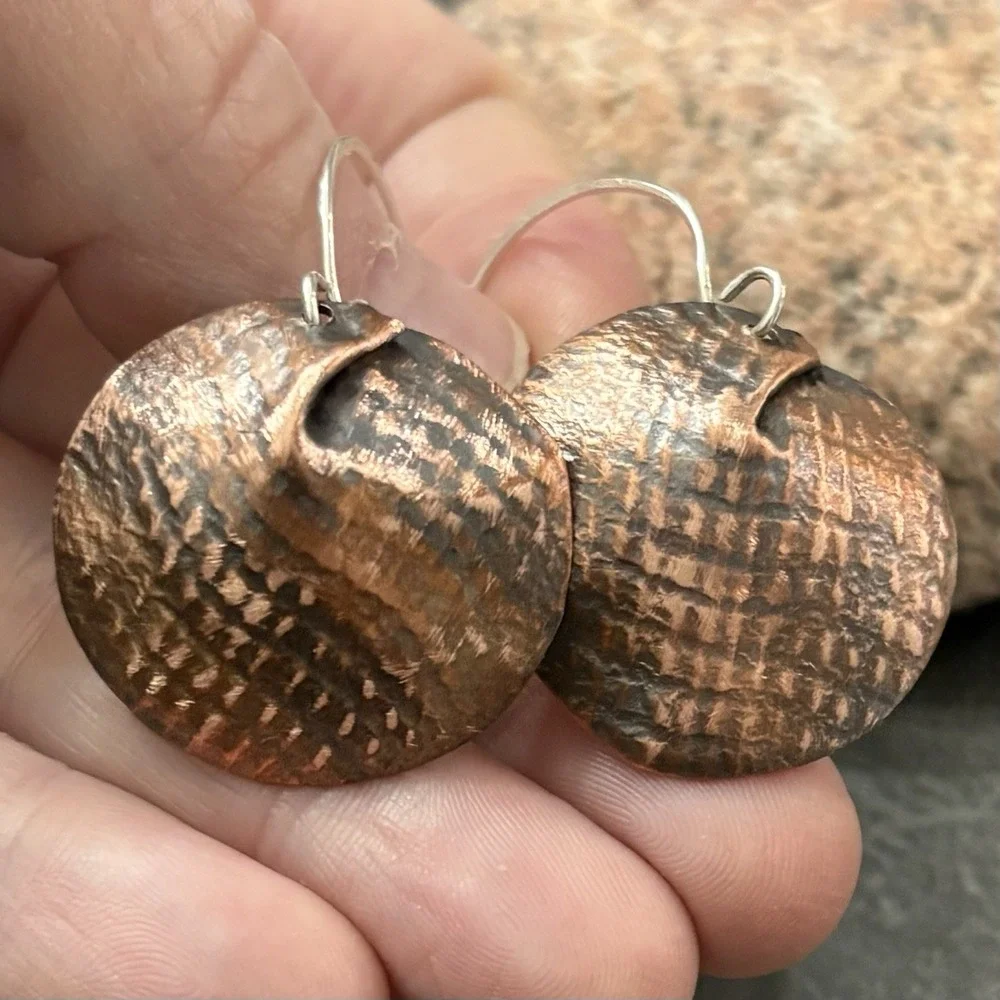 Sterling and Copper Artisan Dangle Pierced Earrings, Forged Handmade Jewelry‎